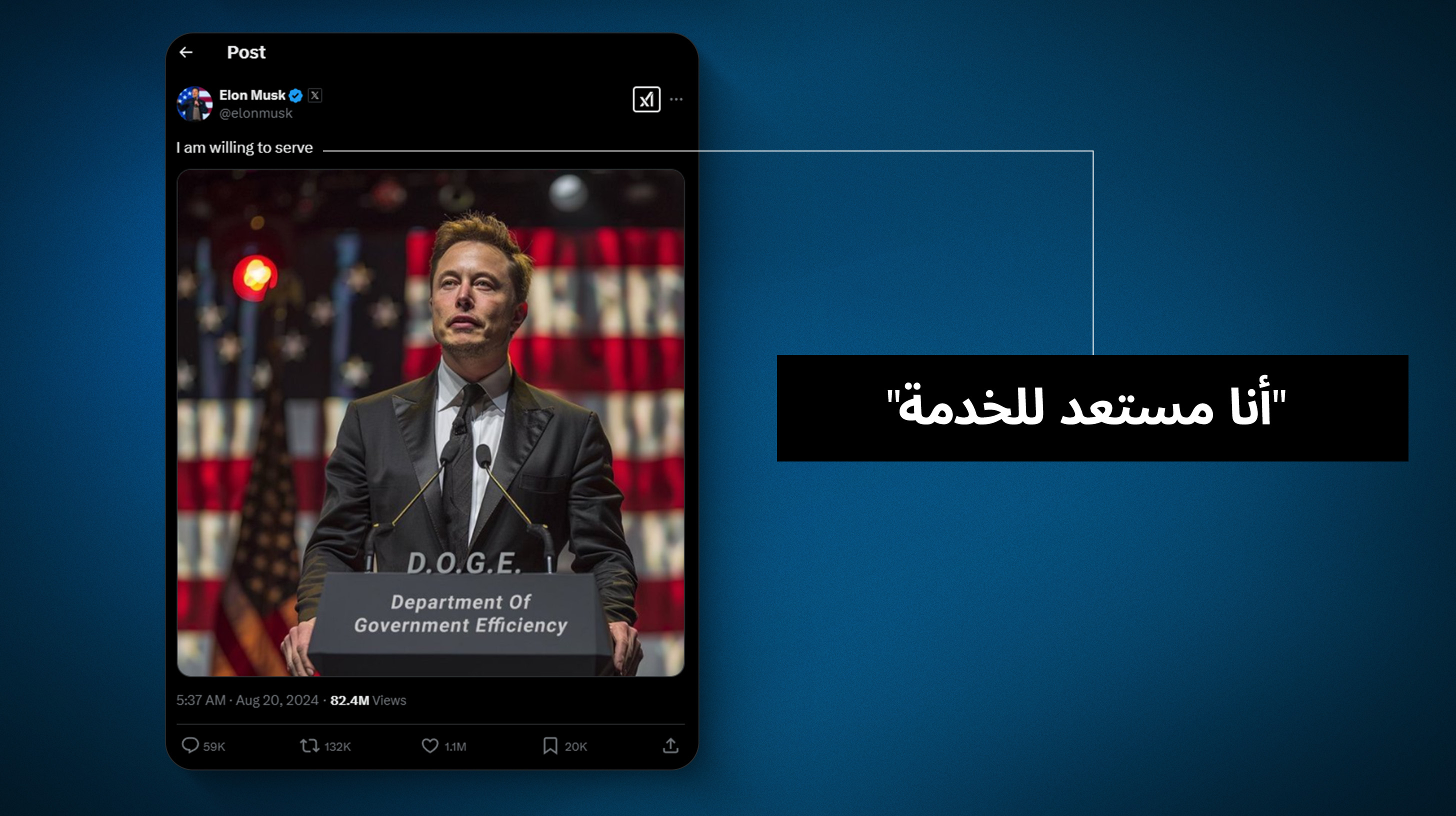 إيلون ماسك ينشر منشورًا على صفحته الشخصية بموقع التواصل الاجتماعي 'تويتر': 'أنا مستعد للخدمة'، مع صورة له وهو يقف على منصة تحمل اسم 'وزارة كفاءة الحكومة'. 