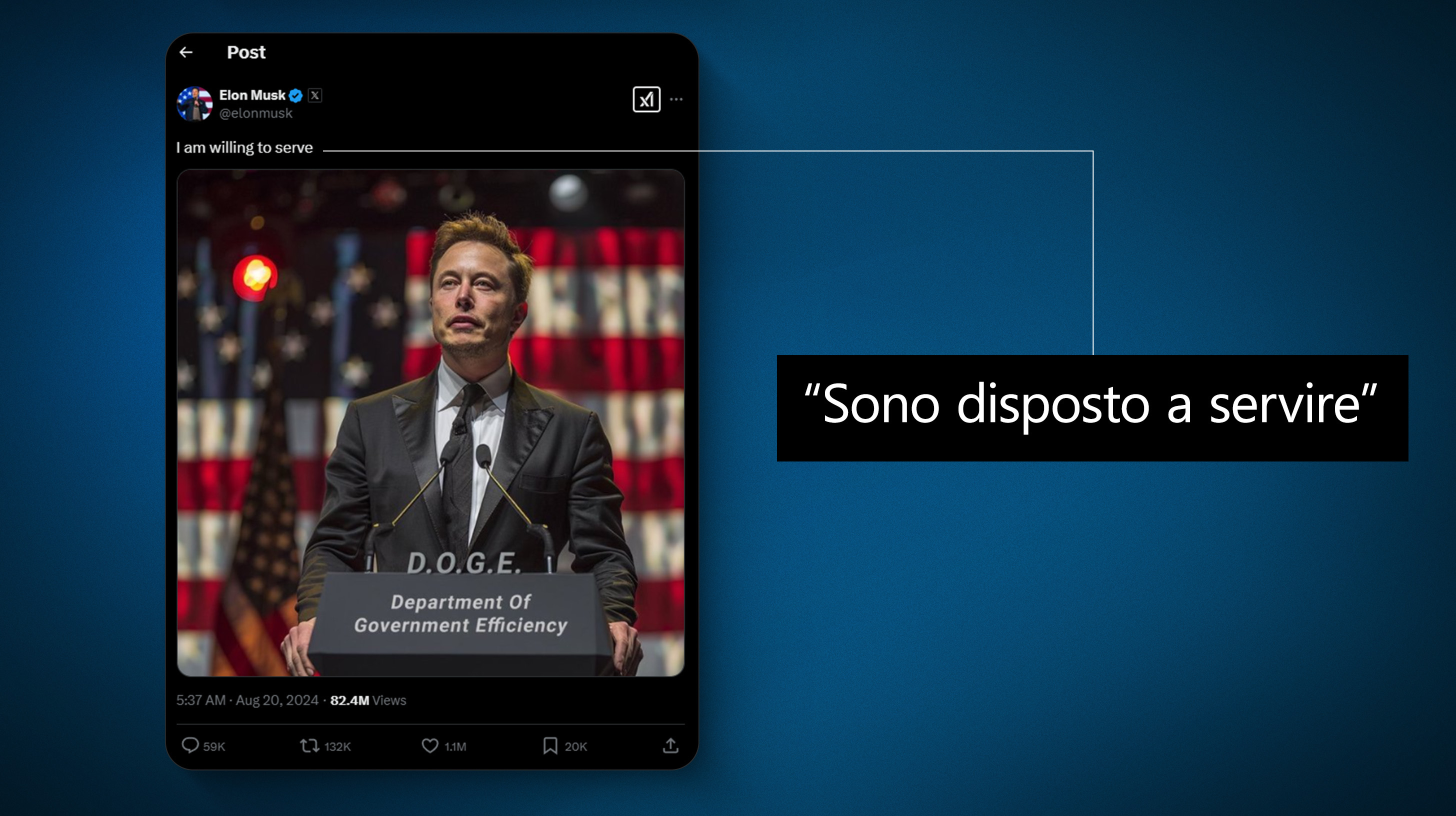 Post di Elon Musk su X: Sono disposto a servire”, con un'immagine che lo ritrae su un podio con la scritta ‘Dipartimento di efficienza governativa’.  