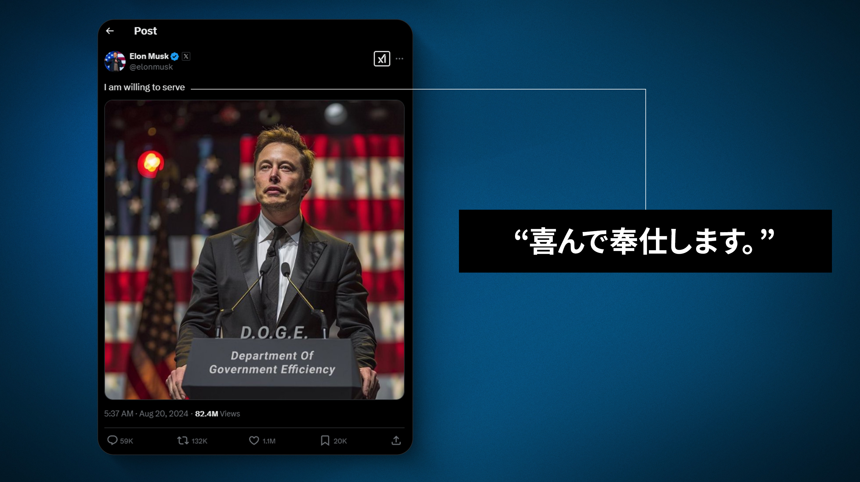 イーロン・マスクのXへの投稿： 私は喜んで奉仕します」と、「政府効率化部門」と書かれた演壇に立つ彼の画像とともに。 