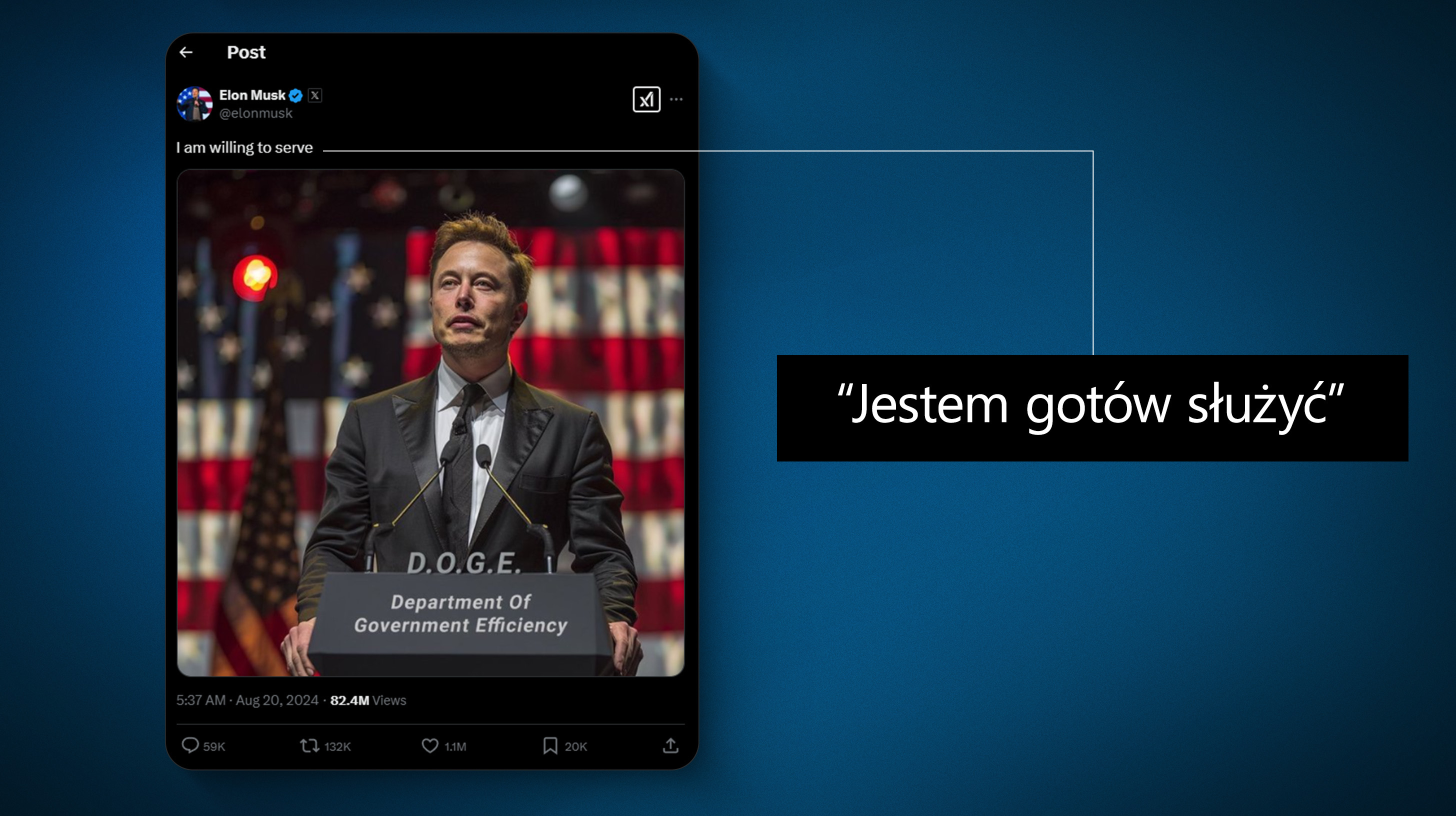 Post Elona Muska na X: „Jestem gotów służyć”, z jego wizerunkiem na podium z napisem „Departament Efektywności Rządu”.  