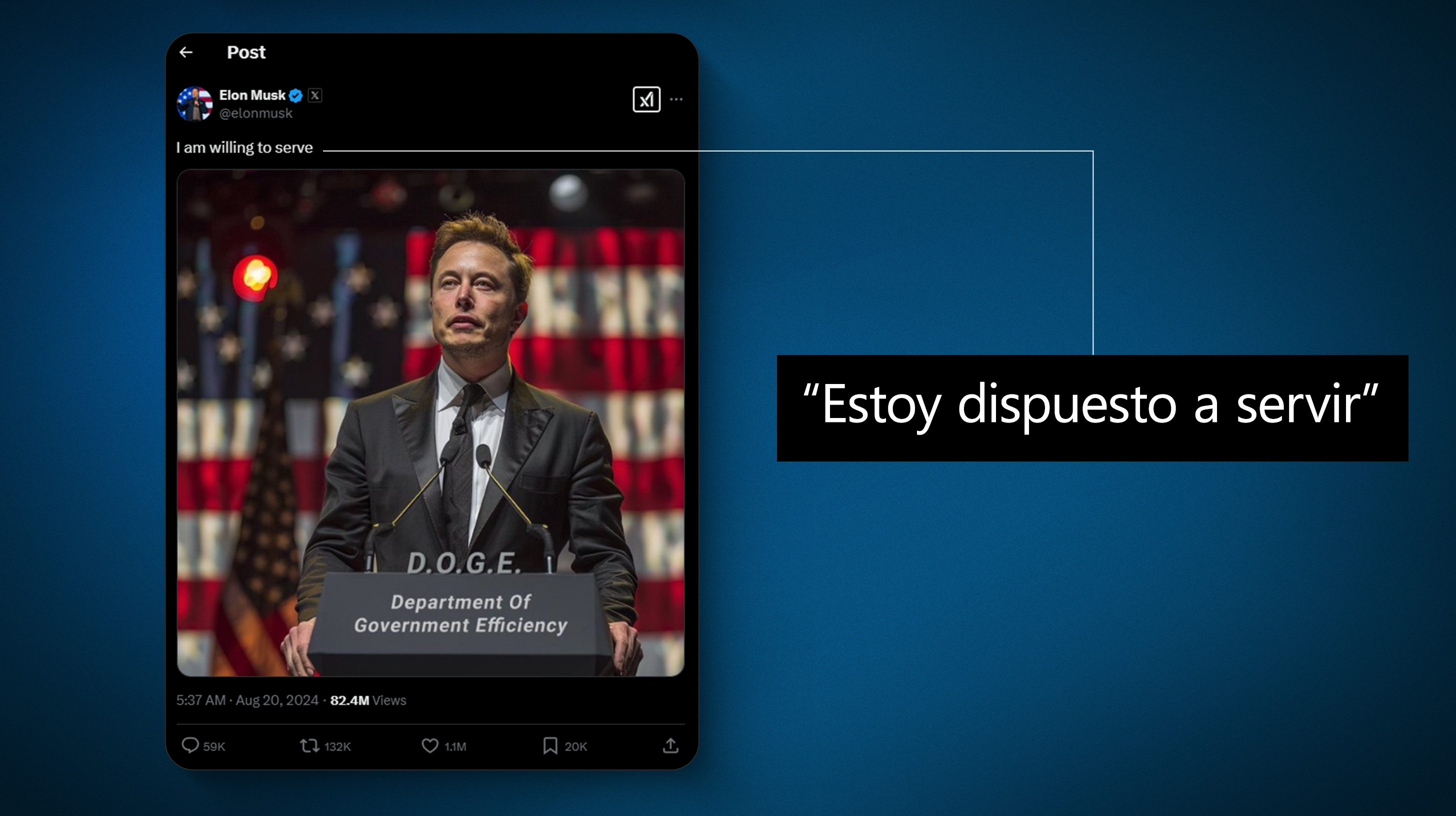 Publicación de Elon Musk en X: 'Estoy dispuesto a servir', con una imagen de él en un podio etiquetado 'Departamento de Eficiencia Gubernamental'.