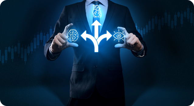 Suited man holding 3 neon-blue symbols of the brain, heart & 1 eye, symbolizing decision-making, trading, and mastering strategies.