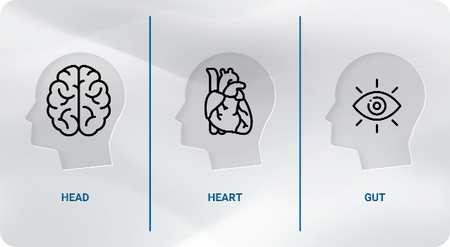 Head, heart, eye icons above ‘HEAD’, ‘HEART’ & ‘GUT’ captions, symbols of the best decision-making type to help in mastering trading.