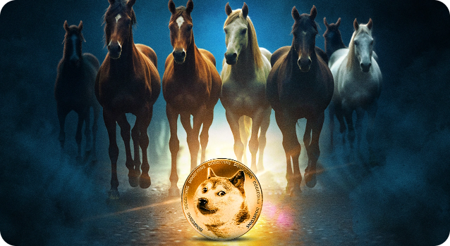 Stado koni biegnących w kierunku monety przedstawiającej mem Shiba Inu Doge