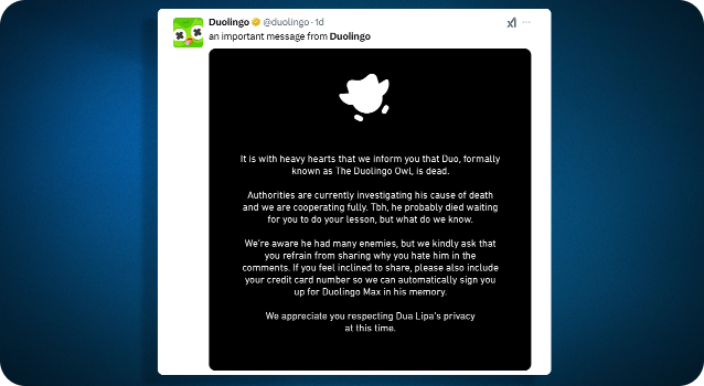 Screenshot of Duolingo’s post on X announcing the death of Duo the owl, featuring a message and a graphic of the dead mascot.