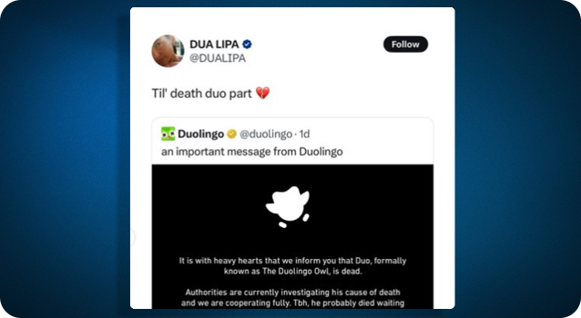 Screenshot of Dua Lipa responding to Duo the owl’s death on X, with the text ‘Til’ death duo part’ and a broken heart emoji. 