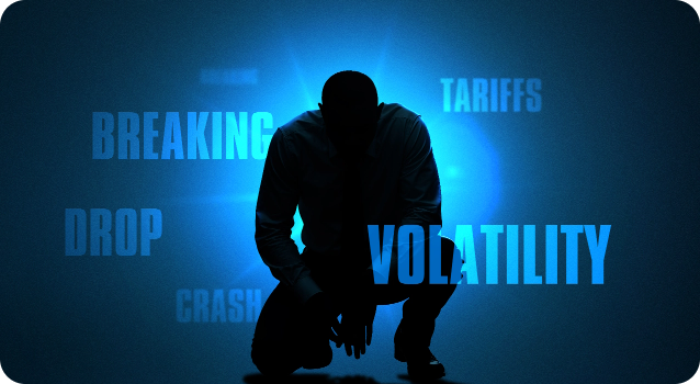 A crouching figure in front of a blue backdrop with bold words: 'Breaking', 'Drop', 'Volatility', 'Tariffs', 'Crash'. 